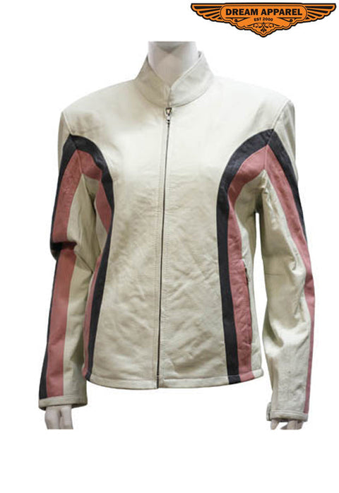 Womens Soft Leather Jacket With Silver & Pink Stripes