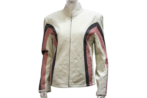 Womens Soft Leather Jacket With Silver & Pink Stripes