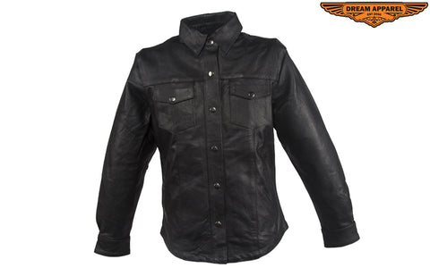 Womens Classic Soft Leather Motorcycle Shirt With Fold Down Collar