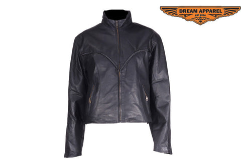 Women Cowhide Jacket With V-Lace