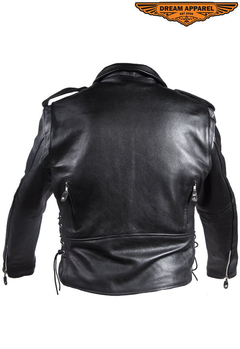 Mens Classic Police Style Motorcycle Jacket With Side Laces, Conceal Carry Gun Pockets Zipout Lining