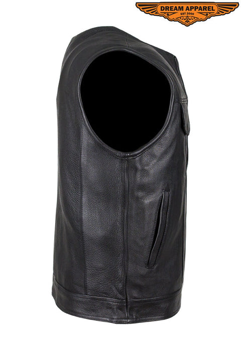 Mens No Collar Leather Motorcycle Club Vest With Black Liner