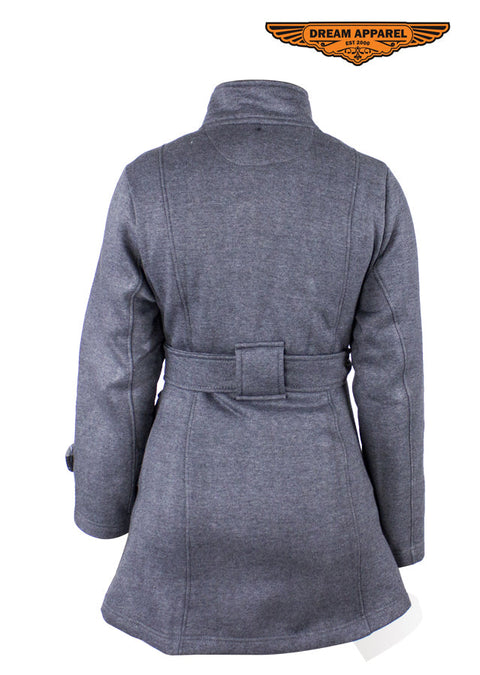 Ladies Dark Grey Button Up Coat W/ Belt and Removable Hood