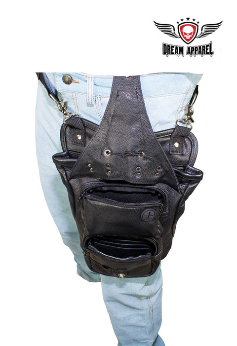 Black Naked Cowhide Leather Multi-Pocket Laced Thigh Bag W/ Extra Layer Of Protection