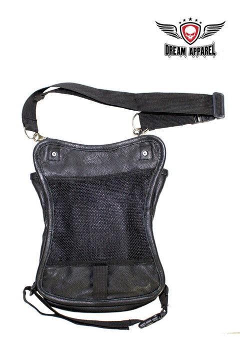 Black Naked Cowhide Leather Multi-Pocket Laced Thigh Bag W/ Extra Layer Of Protection