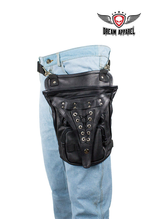 Black Naked Cowhide Leather Multi-Pocket Laced Thigh Bag W/ Extra Layer Of Protection