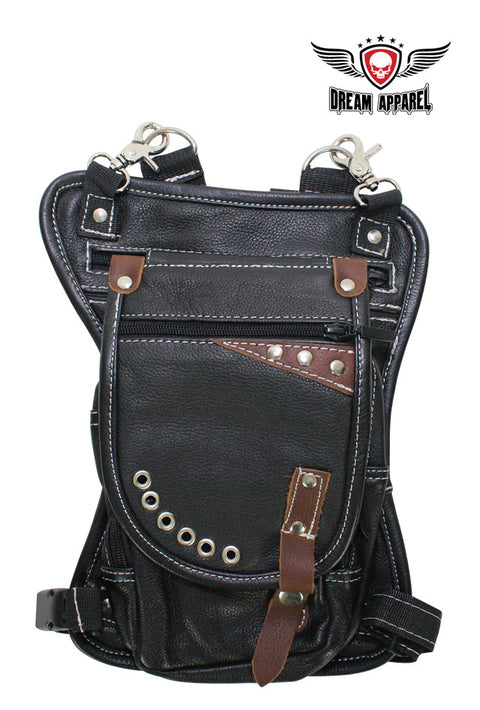 Naked Cowhide Leather Thigh Bag W/ Gun Pocket - Black & Touch Of Dark Brown