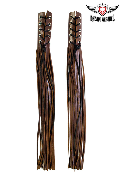 Two-Tone Brown Leather Handlebar Covers with Fringe