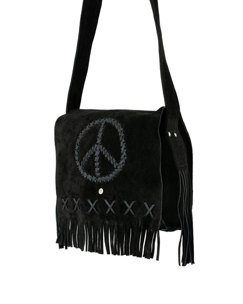 Women's Genuine Black Suede Pocketbook with Peace Sign