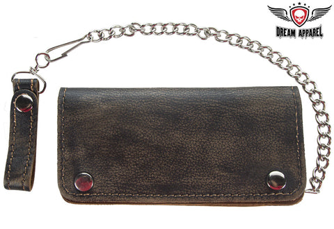 Heavy Duty Distressed Brown Leather Bifold Motorcycle Chain Wallet