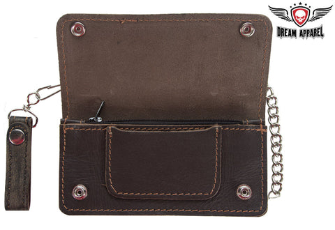 Heavy Duty Distressed Brown Leather Bifold Motorcycle Chain Wallet