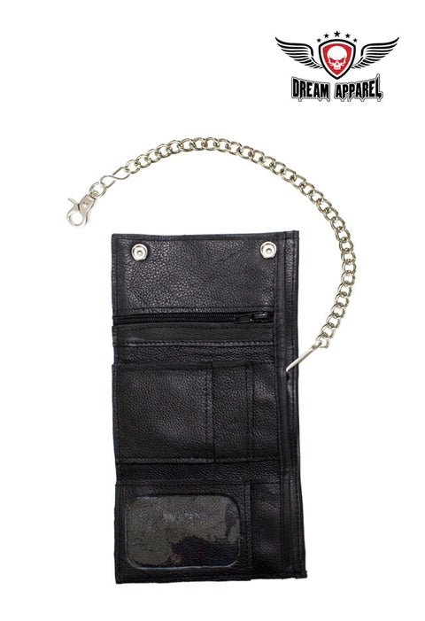 Black Naked Cowhide Leather Heavy Duty Biker Trifold Chain Wallet with Snaps