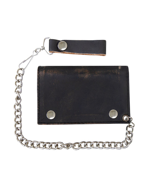 Dream Apparel Naked Cowhide Distress Brown Leather Heavy Duty Biker Trifold Chain Wallet with Snaps