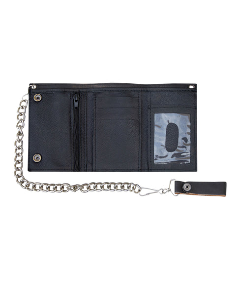 Dream Apparel Naked Cowhide Distress Brown Leather Heavy Duty Biker Trifold Chain Wallet with Snaps