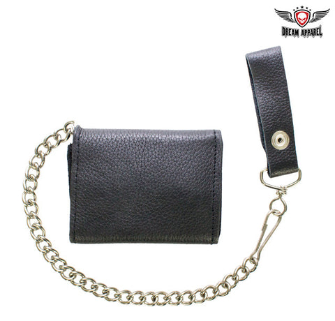 Premium Leather Plain Heavy Duty Black Biker Tri-Fold Chain Wallet