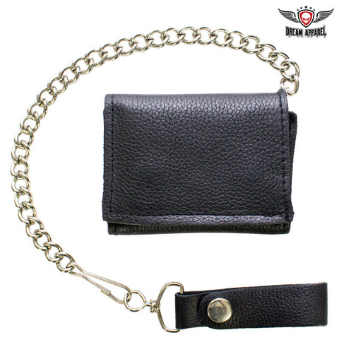 Premium Leather Plain Heavy Duty Black Biker Tri-Fold Chain Wallet