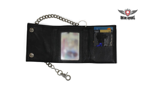 Plain Black Biker Tri-Fold Chain Wallet