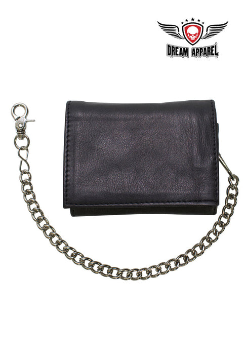 Dream Apparel Black Multi-Pocket Naked Cowhide Leather Tri-Fold Wallet with Chain