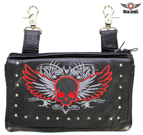 Studded Naked Cowhide Leather Red Skull Belt Bag