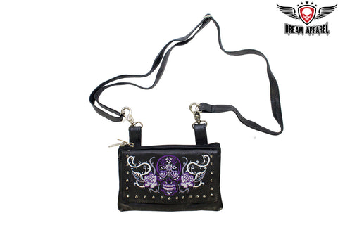 Studded Purple Sugar Skull Naked Cowhide Leather Belt Bag