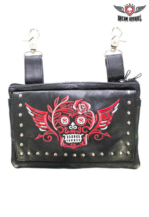 Studded Red & White Sugar Skull Naked Cowhide Leather Belt Bag