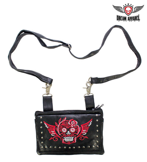 Studded Red & White Sugar Skull Naked Cowhide Leather Belt Bag