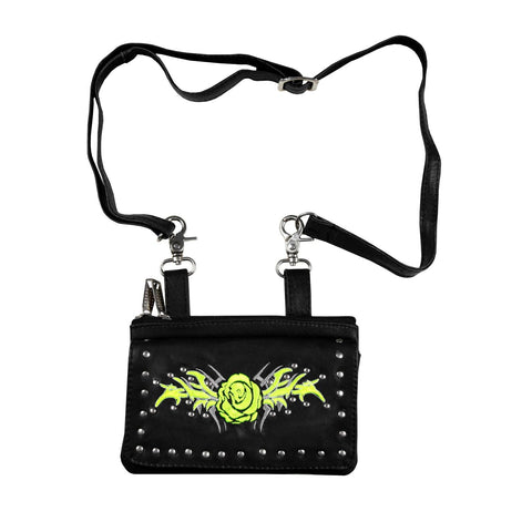 Studded Naked Cowhide Leather Belt Bag With Lime Green Wings