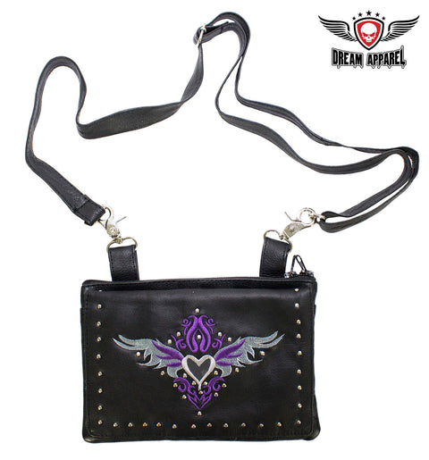 Studded Naked Cowhide Leather Gun Holster Belt Bag with Purple & Silver Heart