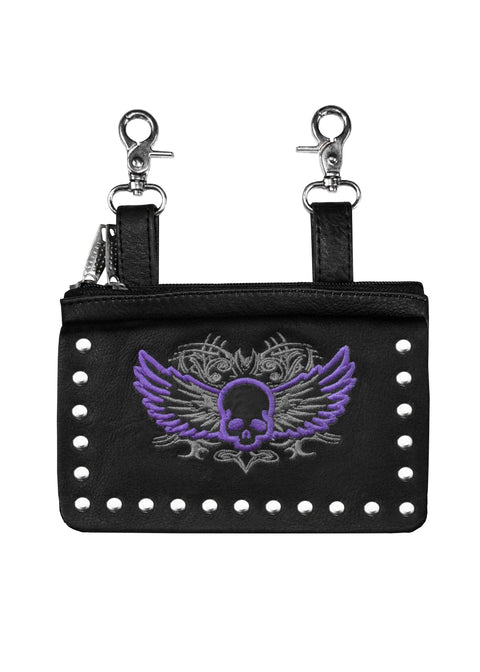 Dream Apparel Leather Belt Bag with Silver/Purp Skull and Studs