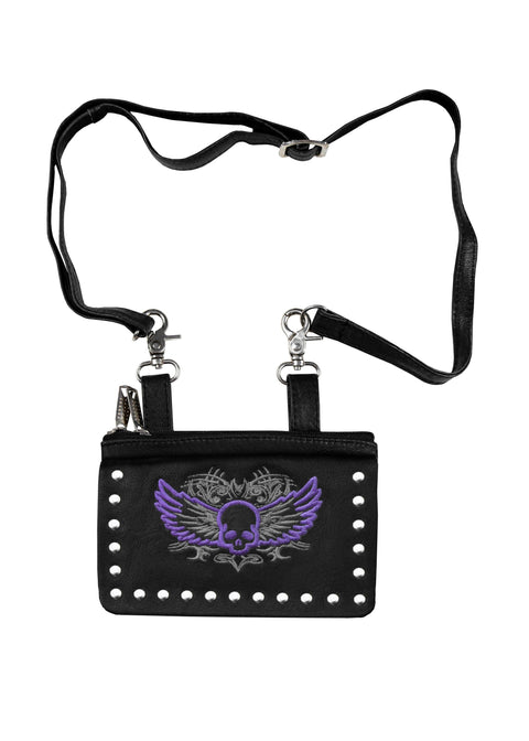 Dream Apparel Leather Belt Bag with Silver/Purp Skull and Studs