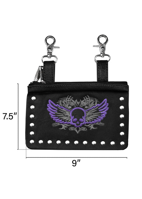 Dream Apparel Leather Belt Bag with Silver/Purp Skull and Studs