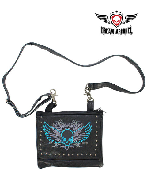 Studded Naked Cowhide Leather Turquoise Winged Skull Belt Bag