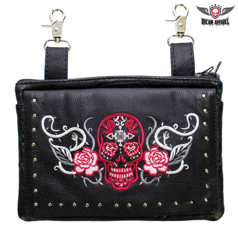 Red & White Sugar Skull Naked Cowhide Leather Gun Holster Belt Bag with Studs