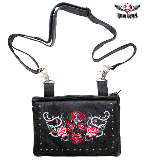 Red & White Sugar Skull Naked Cowhide Leather Gun Holster Belt Bag with Studs