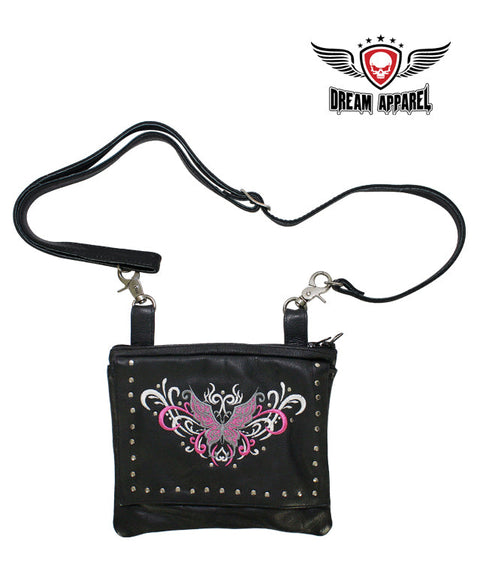 Naked Cowhide Leather Pink Butterfly Belt Bag W/ Studs