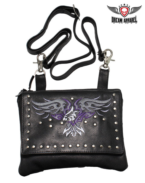 Studded Naked Cowhide Leather Gun Holster Belt Bag with Purple & Silver Eagle