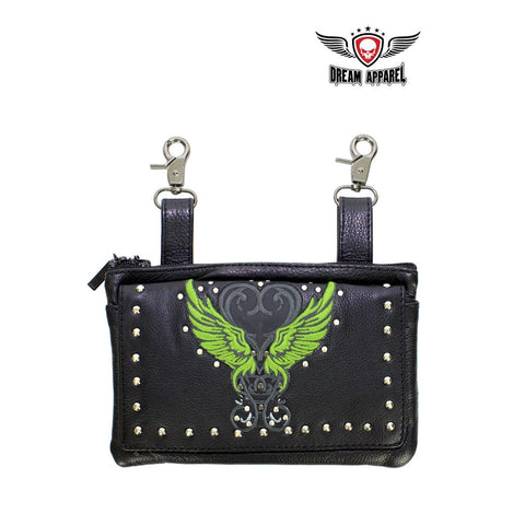 Studded Naked Cowhide Leather Belt Bag with Lime Green Wings