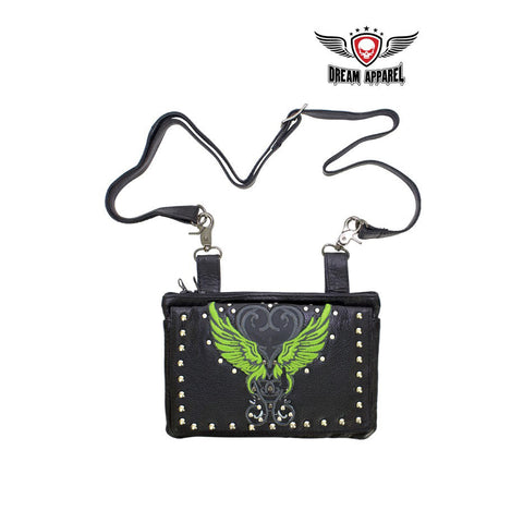 Studded Naked Cowhide Leather Belt Bag with Lime Green Wings