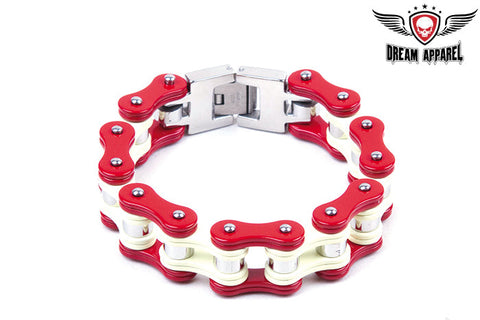 Red & White Stainless Steel Motorcycle Chain Bracelet