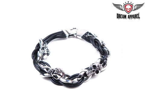 Stainless Steel Bracelet with Steel Skulls, Rose and Lace