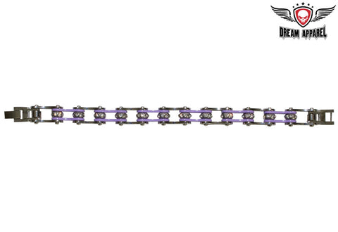 Silver & Purple Stainless Steel Motorcycle Chain Bracelet With Crystals