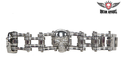 Stainless Steel Biker Bracelet With 3 Medium Skulls