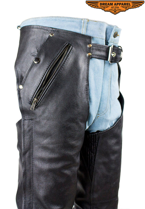 Dream Apparel Black Multi-Pocket Buffalo Hide Leather Chaps