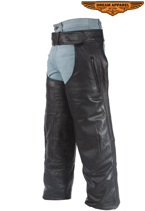 Mens Heavy Duty Leather Motorcycle Chaps With Zippered Pocket