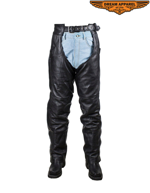 Mens Black Leather Dual Pocket Chaps