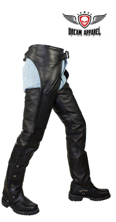 Black Split Cowhide Leather Chaps W/ Mesh Lining