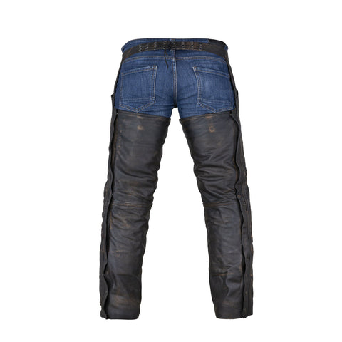 Distressed Brown Leather Motorcycle Chaps with Leather Belt