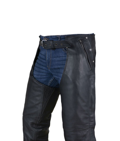 Dream Apparel Black Multi-Pocket Naked Cowhide Leather Chaps With Zipout liner