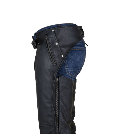 Dream Apparel Black Multi-Pocket Premium Cowhide Leather Chaps with removable lining