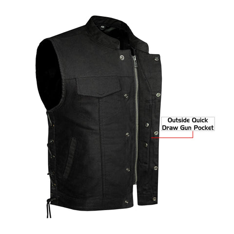 Mens SOA Style Motorcycle Club Vest® Black Denim Conceal Gun Pockets Side Laces